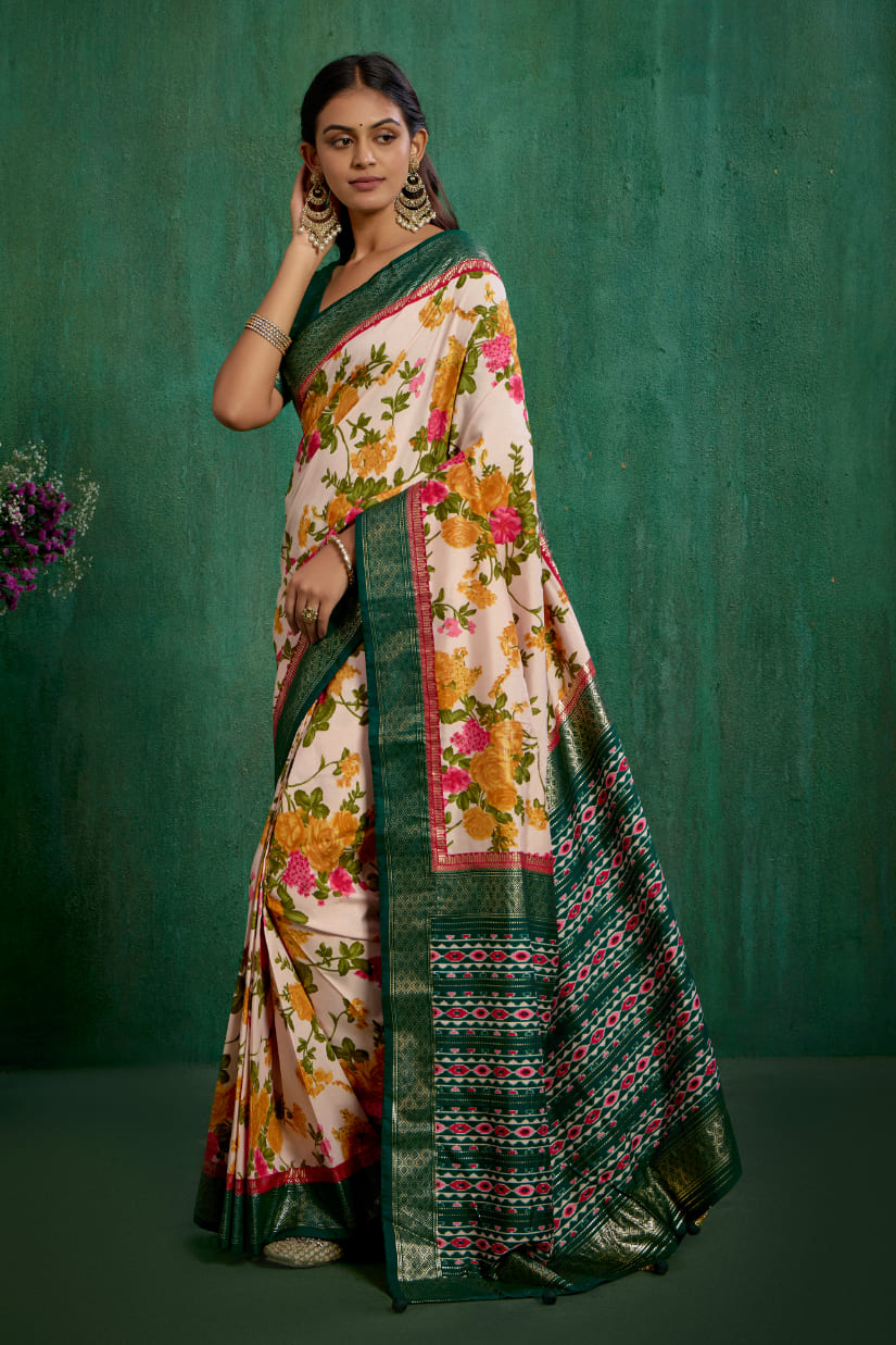 Rose Gold Cotton Silk Floral Print Ready to Wear Saree