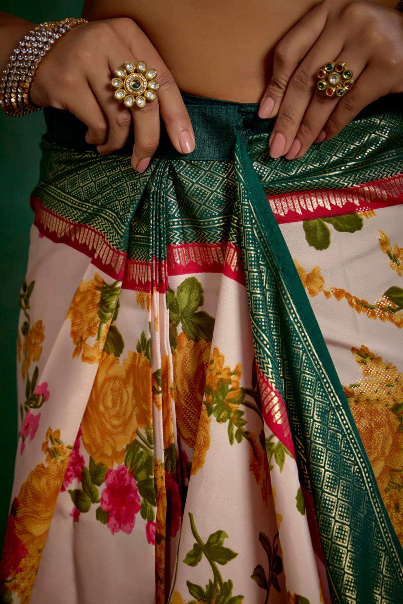 Rose Gold Cotton Silk Floral Print Ready to Wear Saree