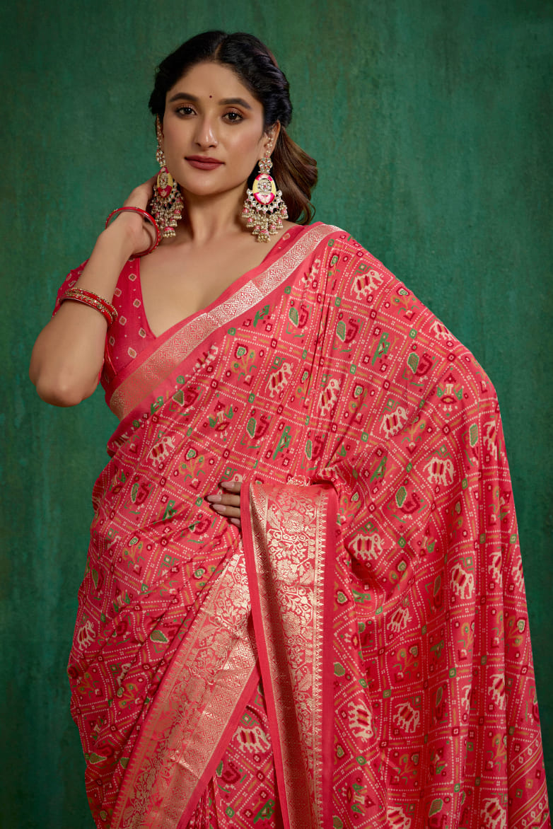 Peach Cotton Silk Patola Print Ready to Wear Saree