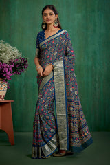 Regal Blue Cotton Silk Patola Print Ready to Wear Saree