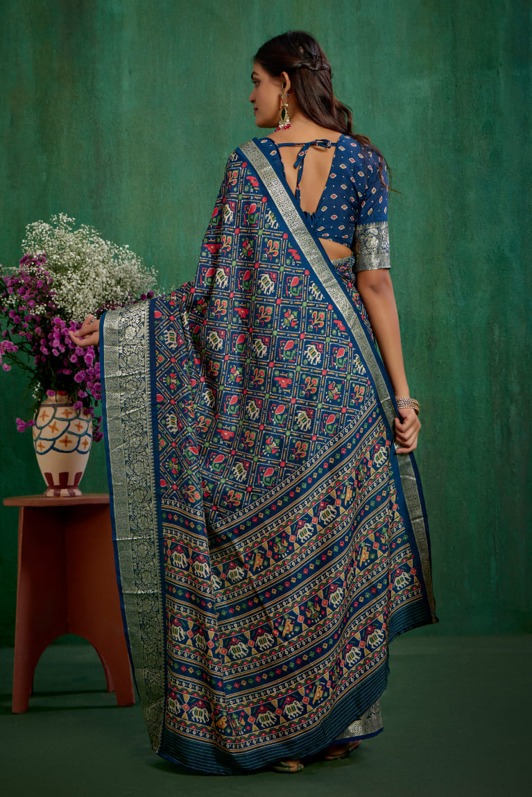 Regal Blue Cotton Silk Patola Print Ready to Wear Saree