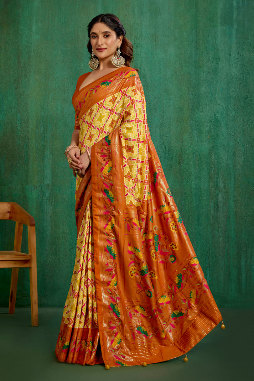 Orange Yellow Cotton Silk Ikkat Print Ready to Wear Saree