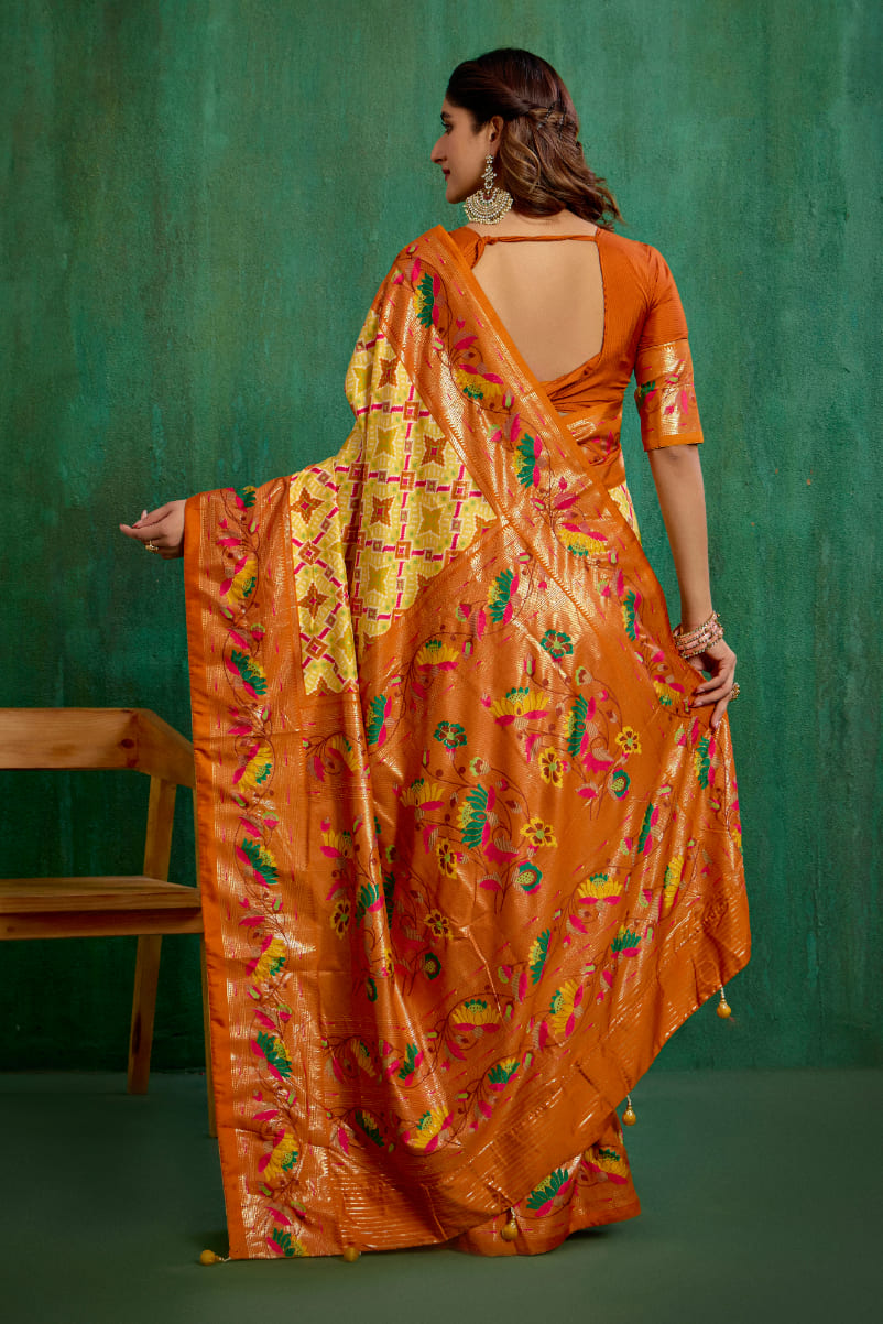 Orange Yellow Cotton Silk Ikkat Print Ready to Wear Saree