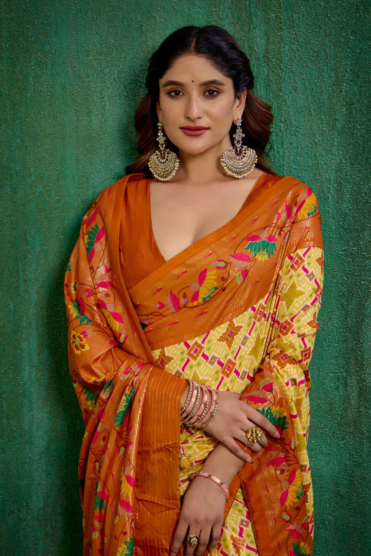 Orange Yellow Cotton Silk Ikkat Print Ready to Wear Saree