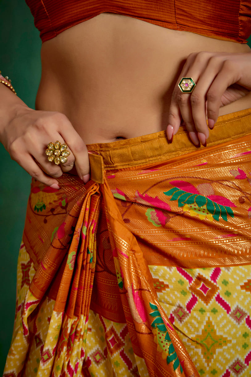 Orange Yellow Cotton Silk Ikkat Print Ready to Wear Saree