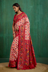 Peachy Pink Cotton Silk Ikkat Print Ready to Wear Saree