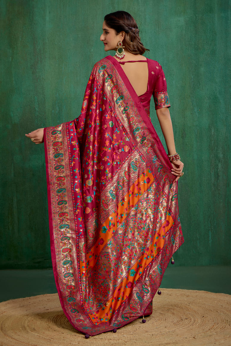 Wine Berry Velvet Tussar Silk Floral Print Ready to Wear Saree