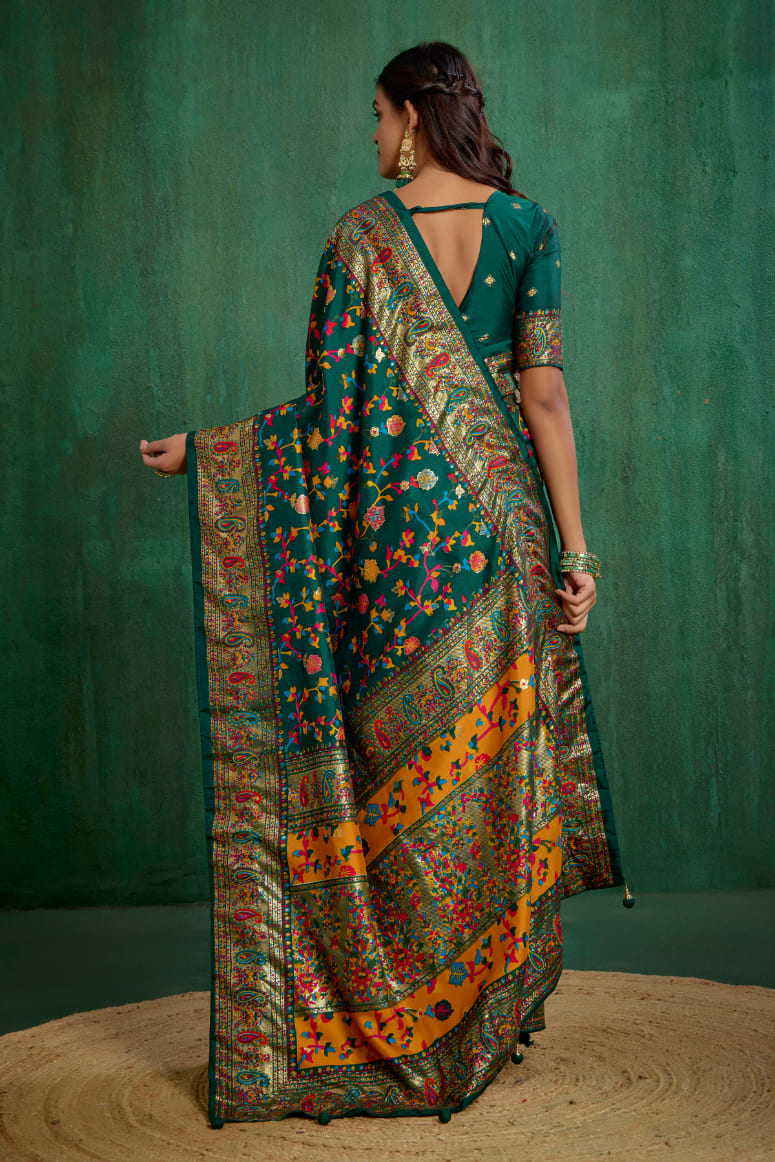 Pine Green Velvet Tussar Silk Floral Print Ready to Wear Saree