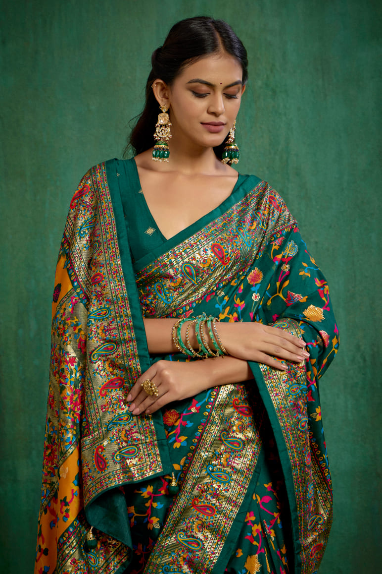 Pine Green Velvet Tussar Silk Floral Print Ready to Wear Saree