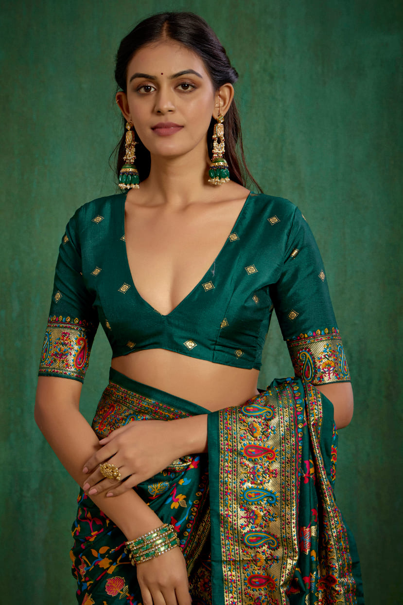 Pine Green Velvet Tussar Silk Floral Print Ready to Wear Saree