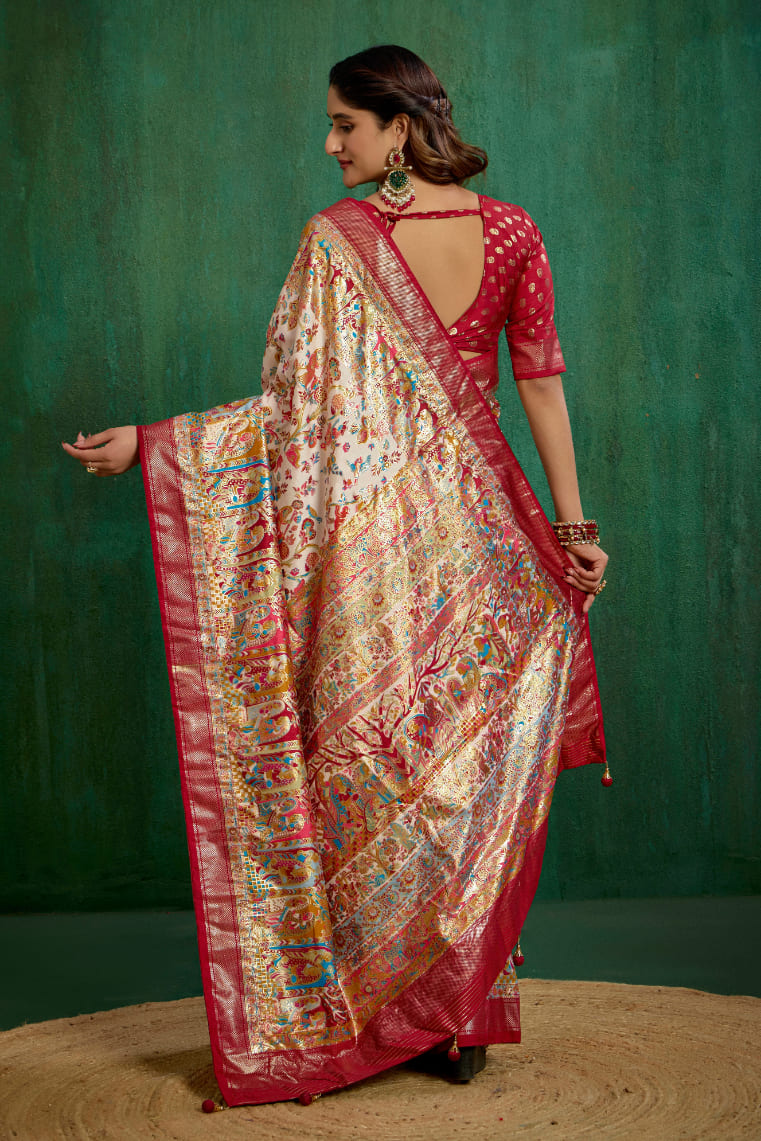 Off White Tussar Silk Ethnic Motif Ready to Wear Saree