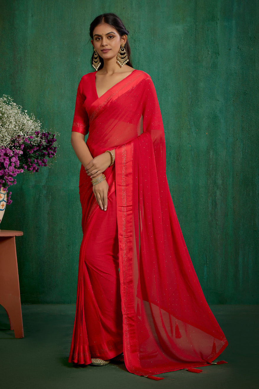 Red Wine Chiffon Swarovski Ready to Wear Saree