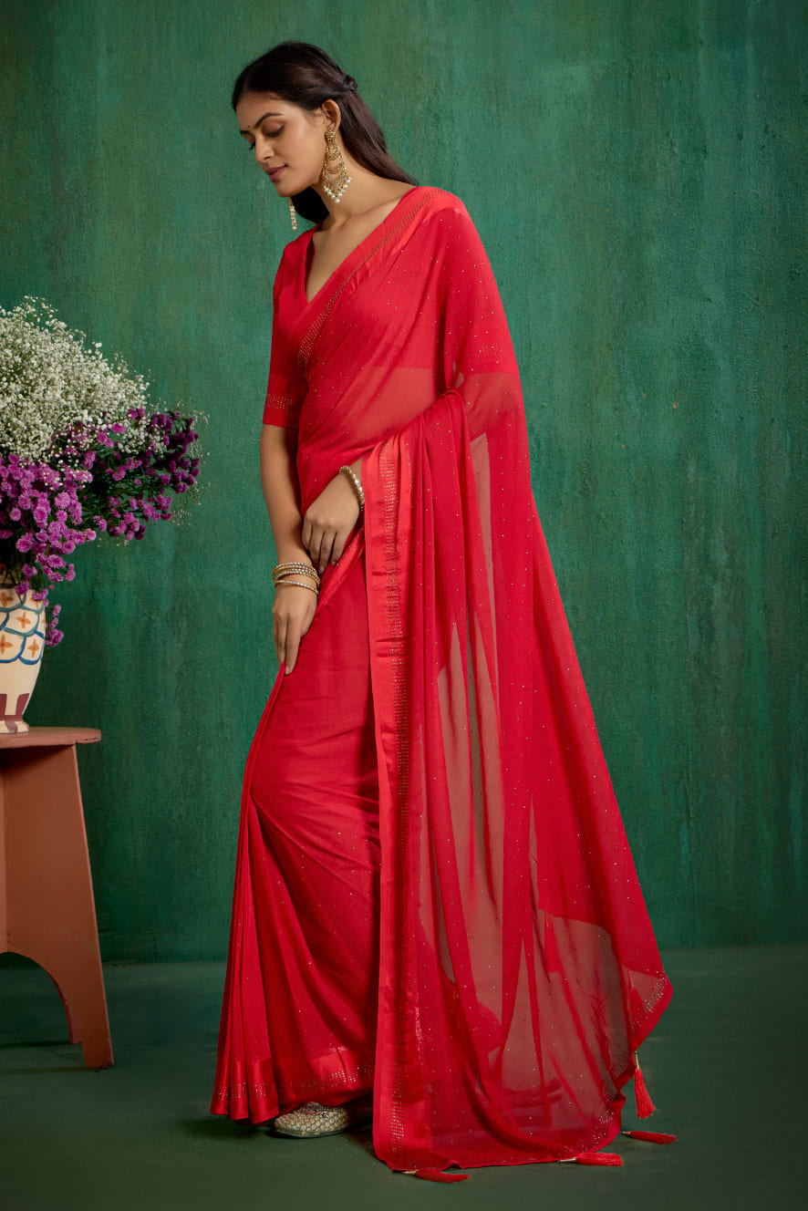 Red Wine Chiffon Swarovski Ready to Wear Saree