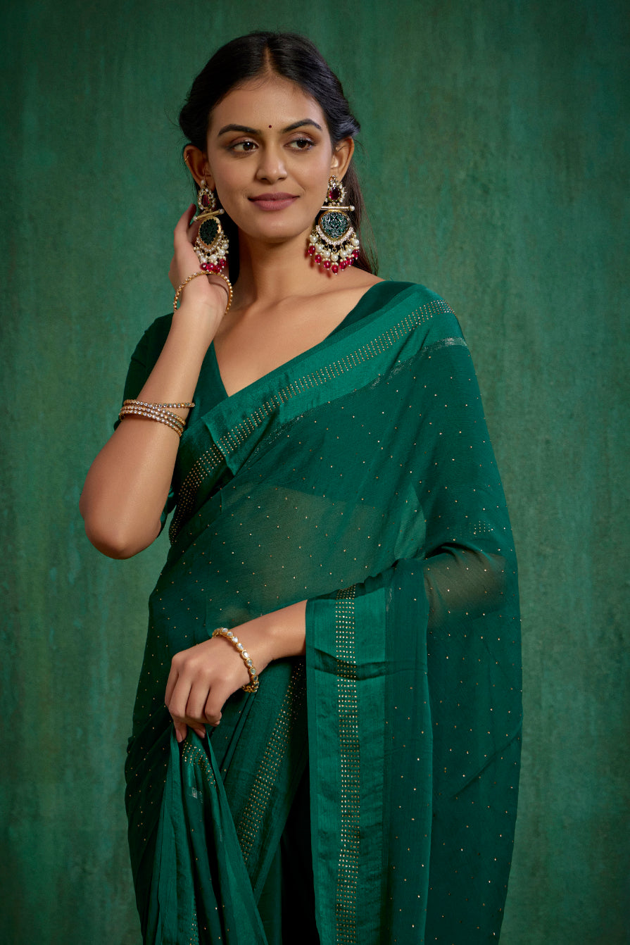 Sherwood Green Chiffon Swarovski Ready to Wear Saree