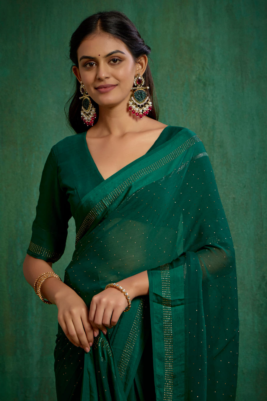 Sherwood Green Chiffon Swarovski Ready to Wear Saree