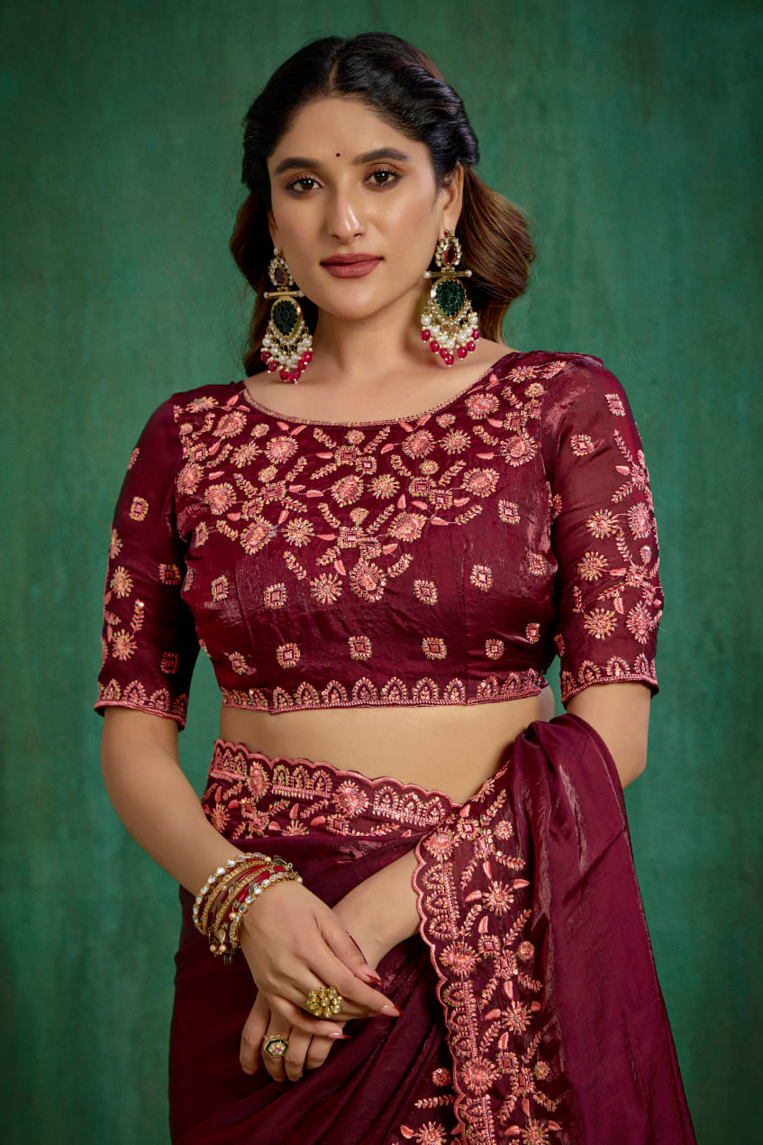 Wine Silk Blend Embroidery Ready to Wear Saree