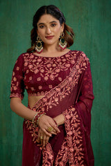 Wine Silk Blend Embroidery Ready to Wear Saree