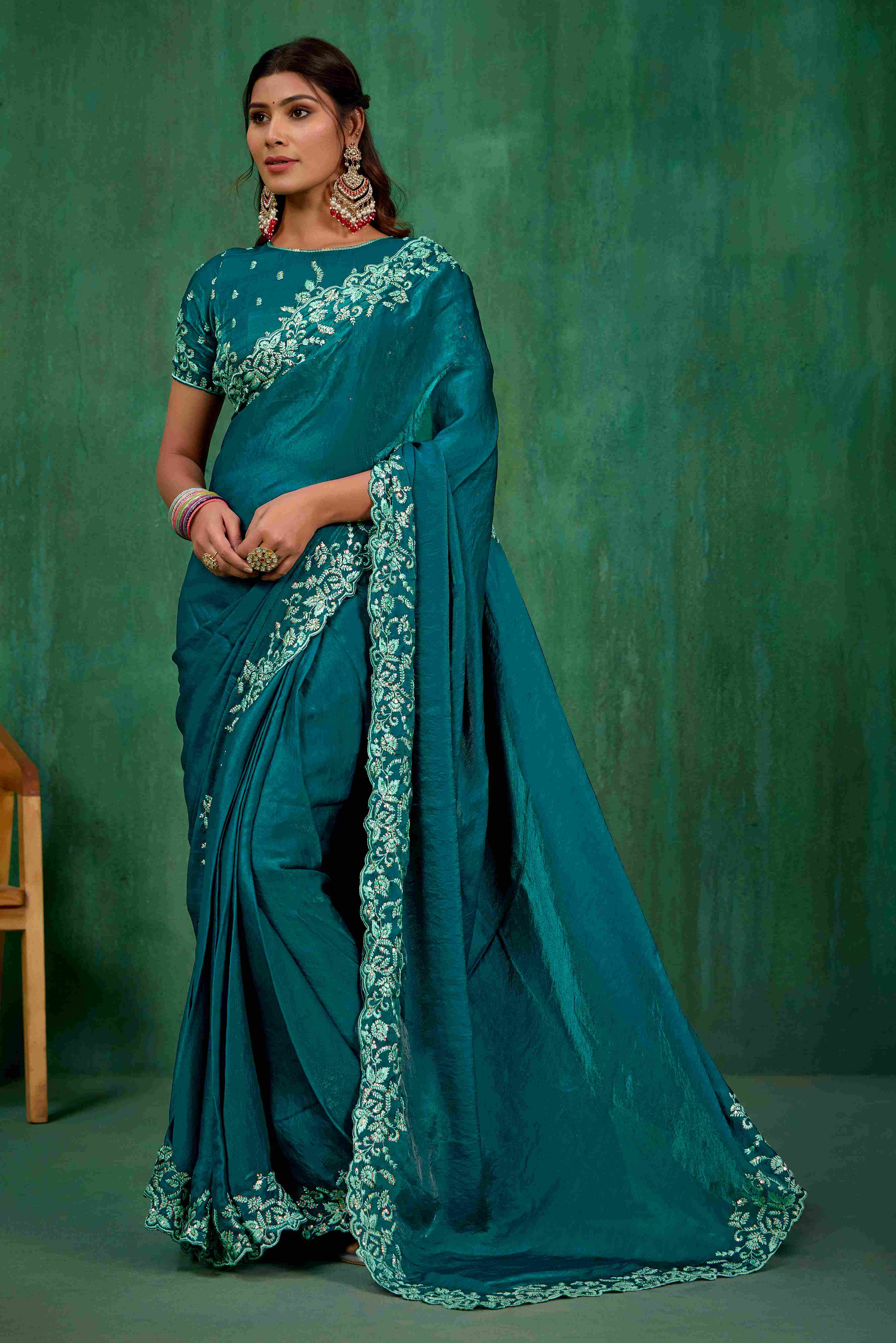 Sea Green Silk Blend Embroidery Ready to Wear Saree