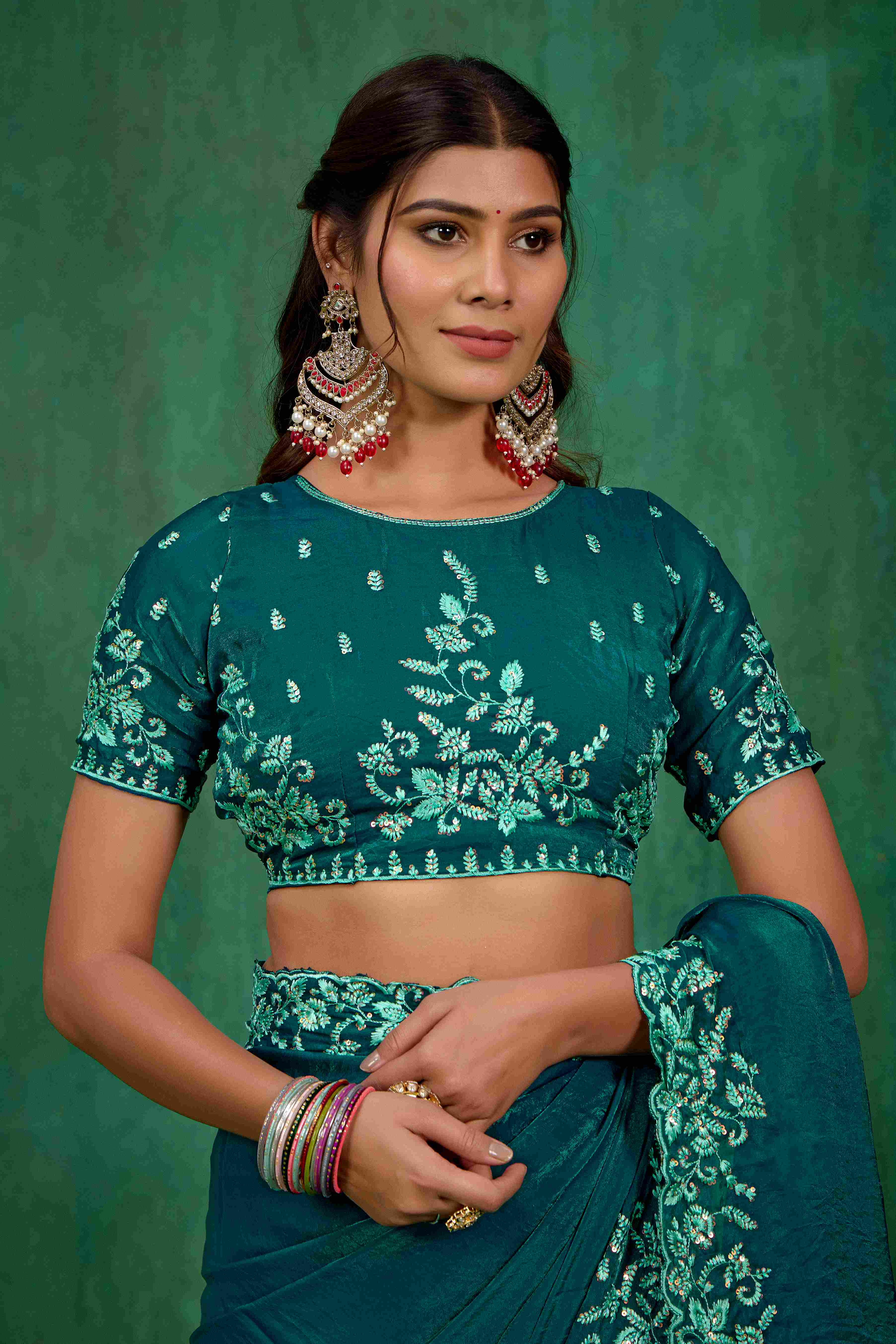 Sea Green Silk Blend Embroidery Ready to Wear Saree