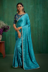 Sea Green Satin Jacquard Embroidery Ready to Wear Saree