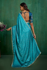 Sea Green Satin Jacquard Embroidery Ready to Wear Saree