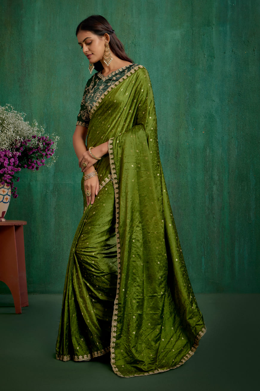 Olive Green Satin Jacquard Embroidery Ready to Wear Saree