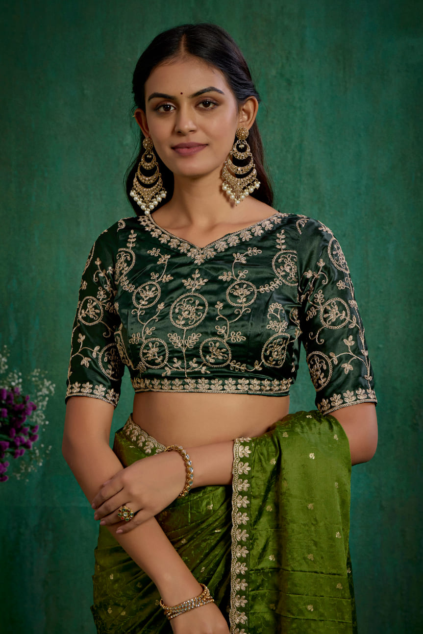 Olive Green Satin Jacquard Embroidery Ready to Wear Saree