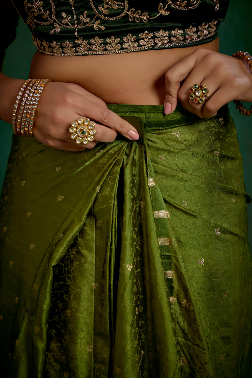 Olive Green Satin Jacquard Embroidery Ready to Wear Saree