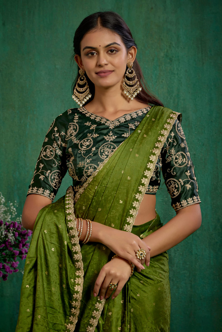 Olive Green Satin Jacquard Embroidery Ready to Wear Saree