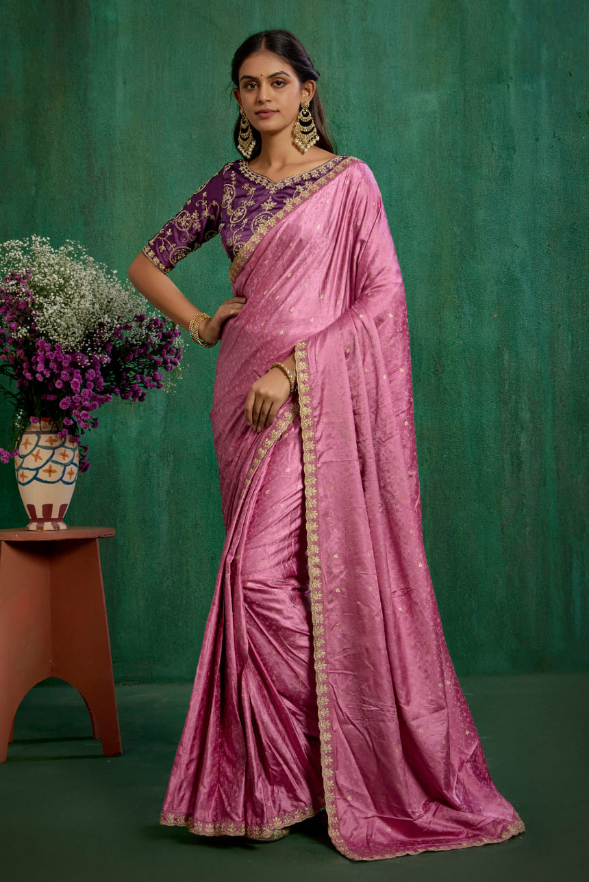 Pink Satin Jacquard Embroidery Ready to Wear Saree