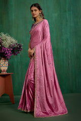 Pink Satin Jacquard Embroidery Ready to Wear Saree