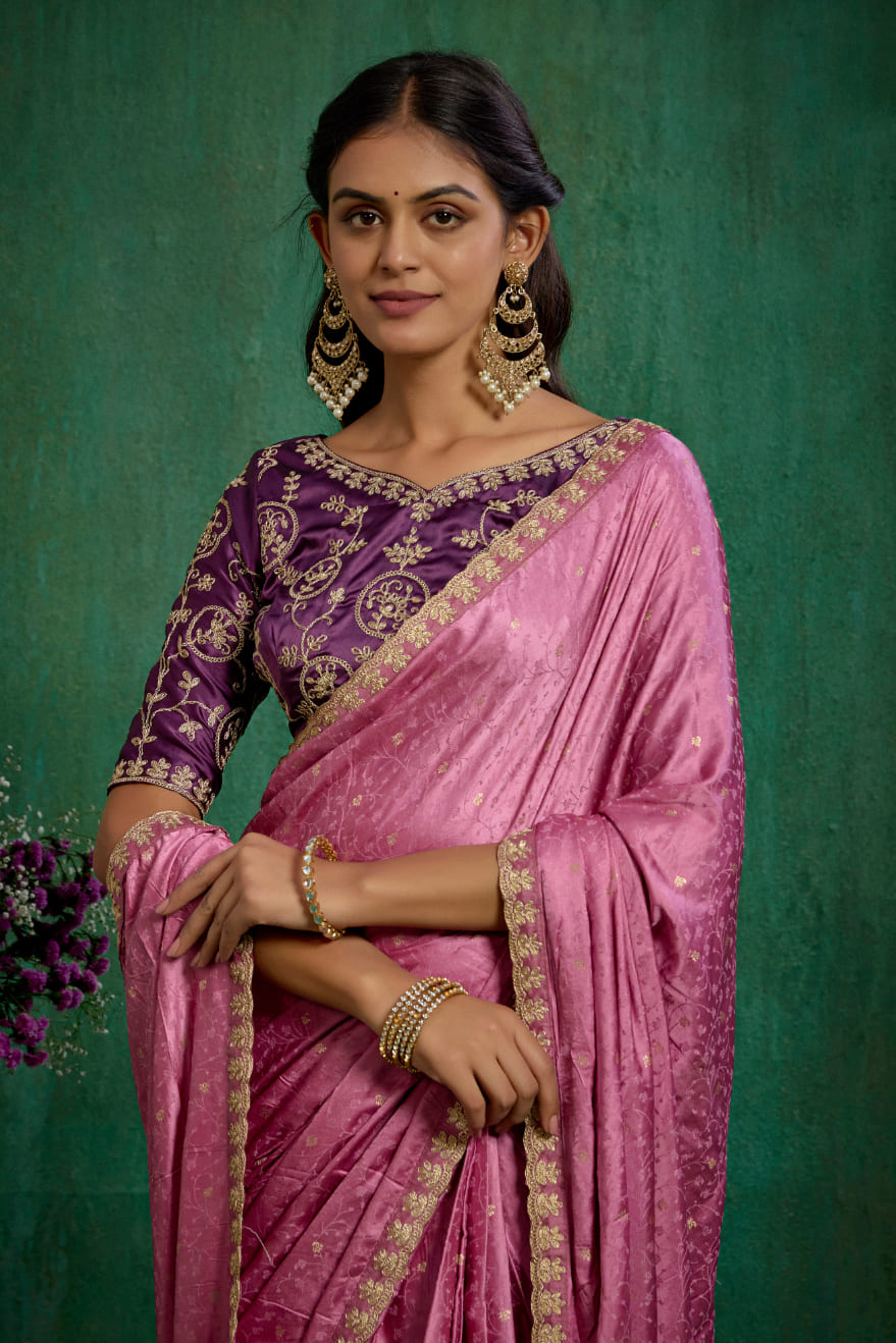 Pink Satin Jacquard Embroidery Ready to Wear Saree