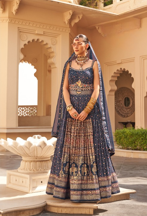 Lehenga Choli en soie bleu vif avec imprimé feuille 