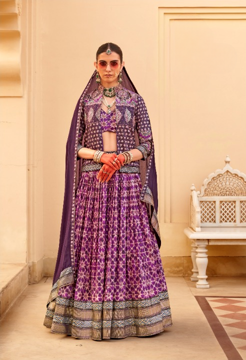 Violet Silk Foil Print Lehenga Choli With Koti