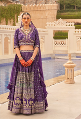 Lehenga Choli en soie violette à imprimé feuille 