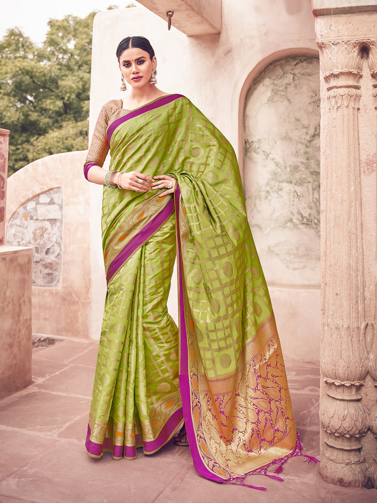 Olive Green Banarasi Art Silk Woven Saree