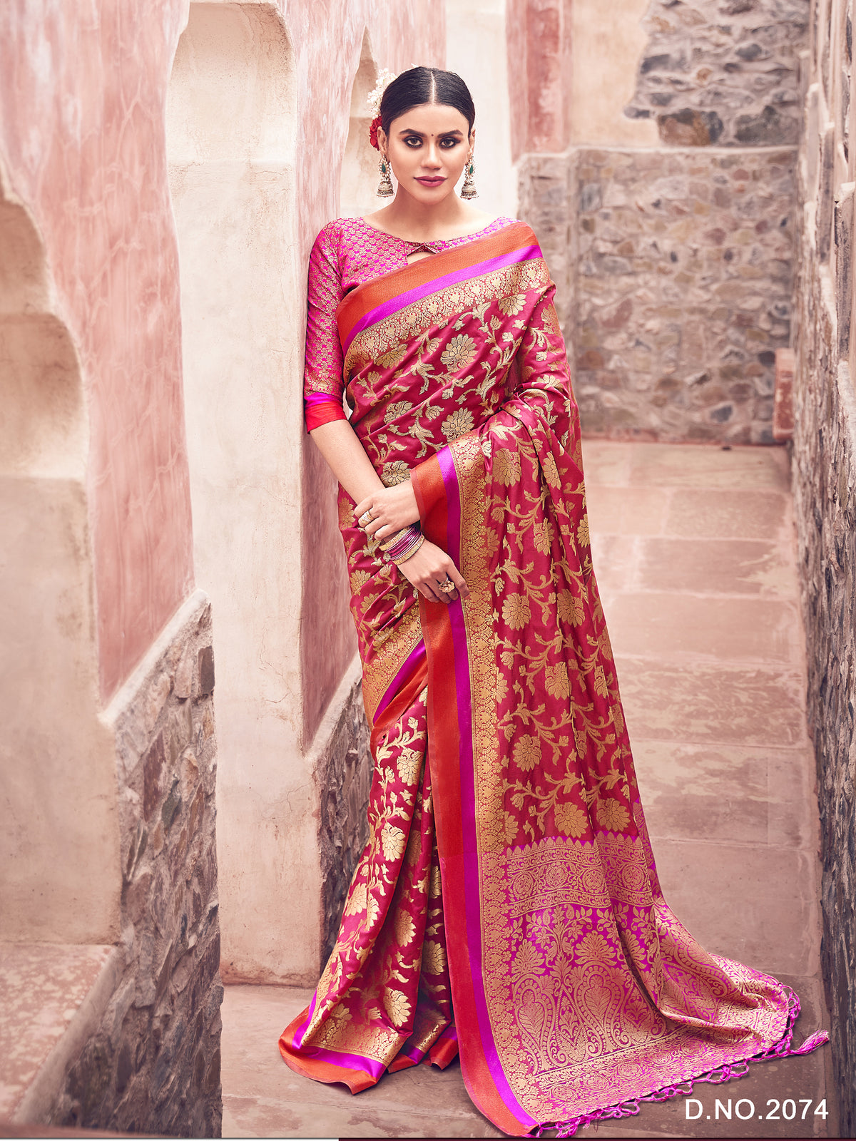 Red Satin Silk Embroidered Saree