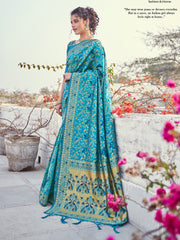 Saree tissé en soie d'art Banarasi turquoise