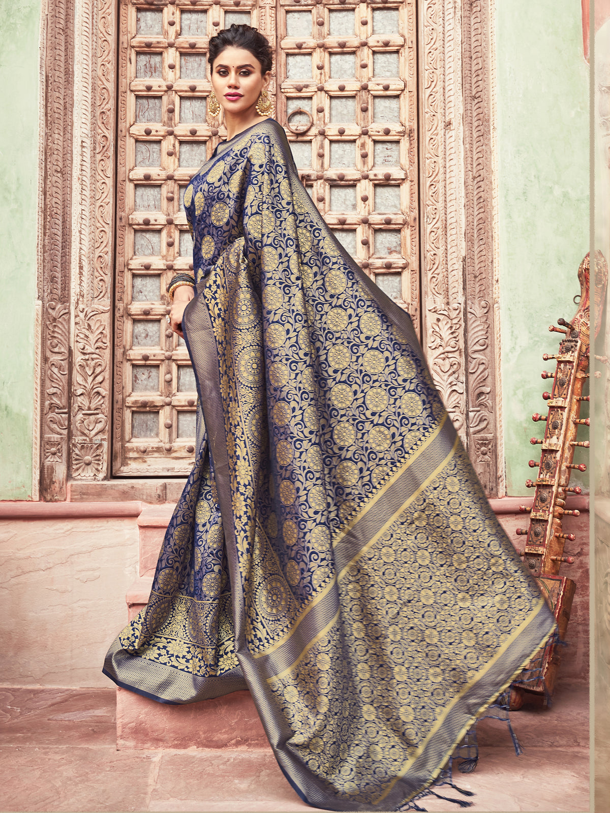 Navy Blue Banarasi Art Silk Woven Saree