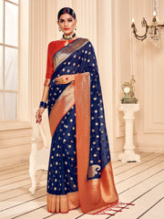 Navy Blue Banarasi Art Silk Woven Saree