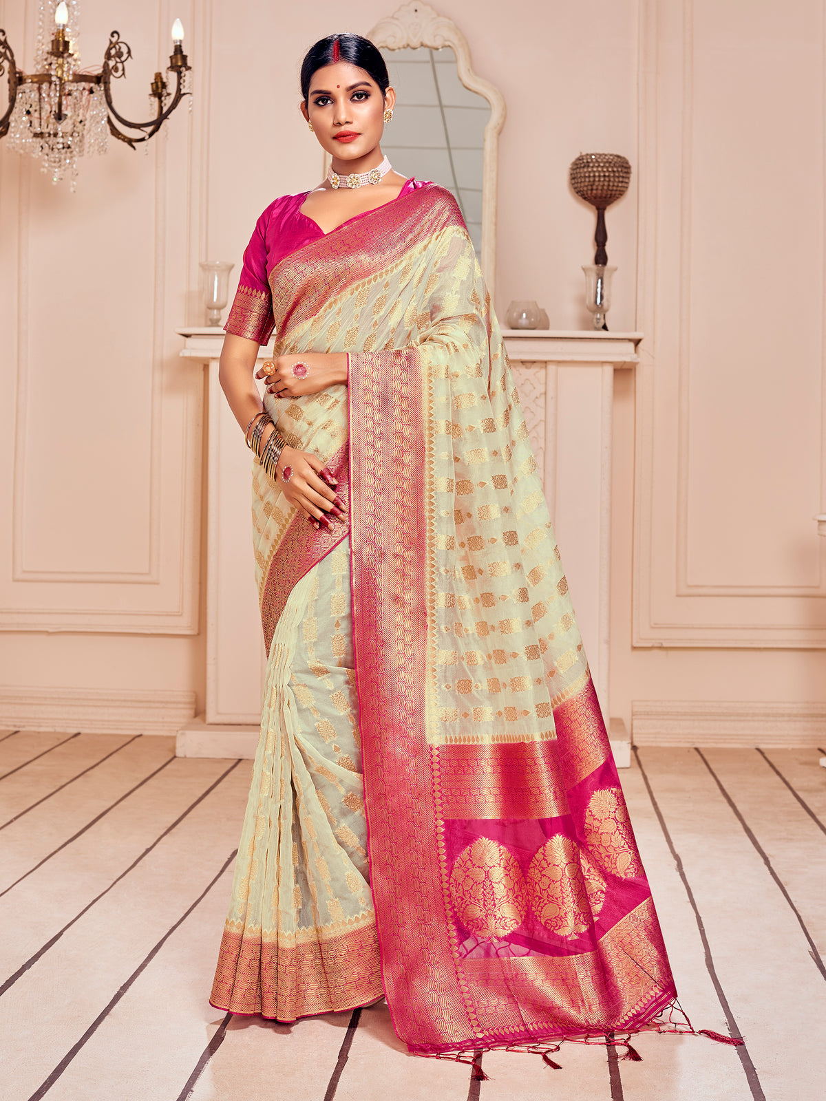 Cream Banarasi Art Silk Woven Saree