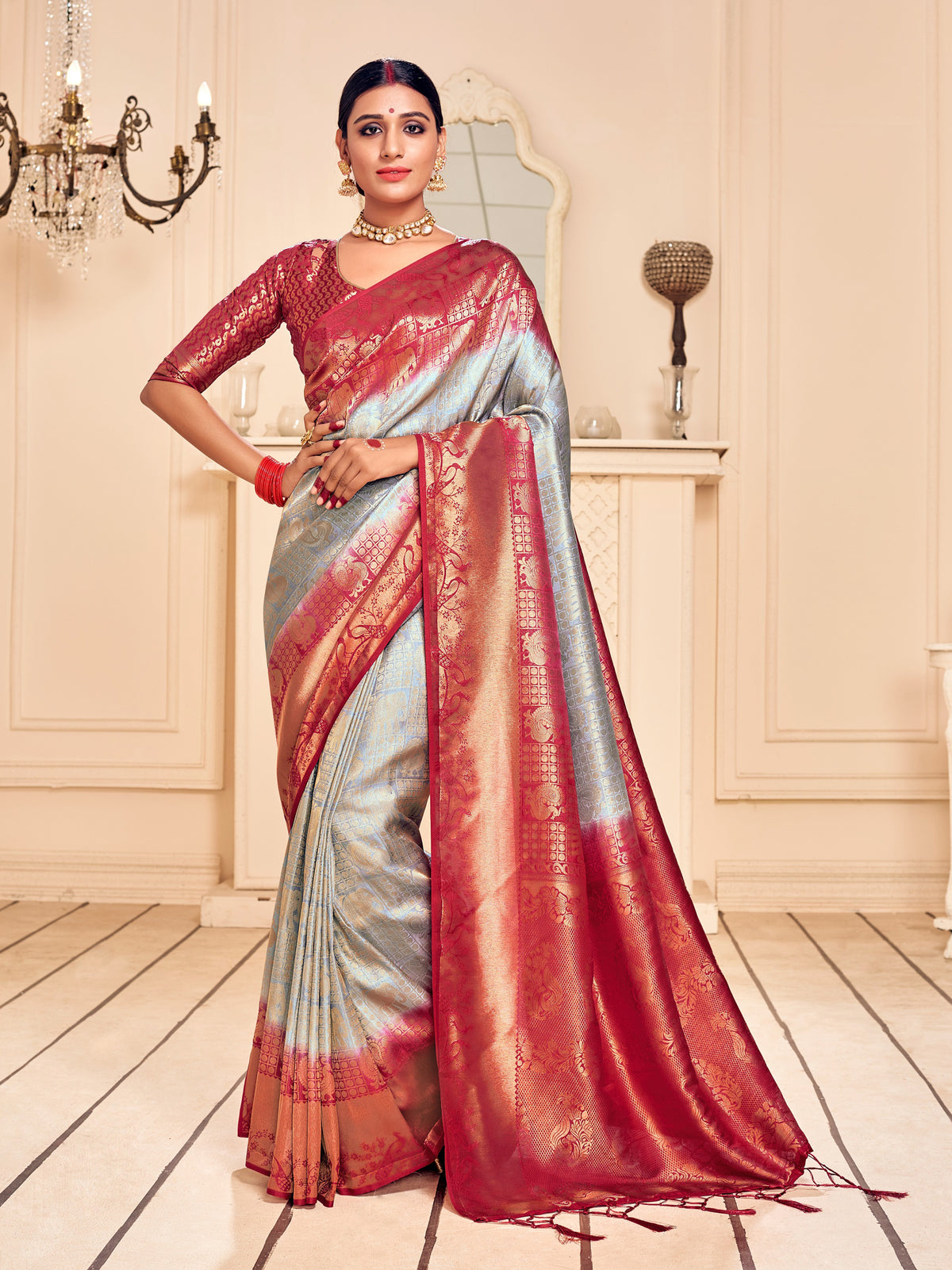 Gray Banarasi Art Silk Woven Saree