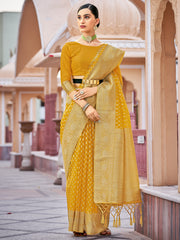 Yellow Organza Silk Woven Saree