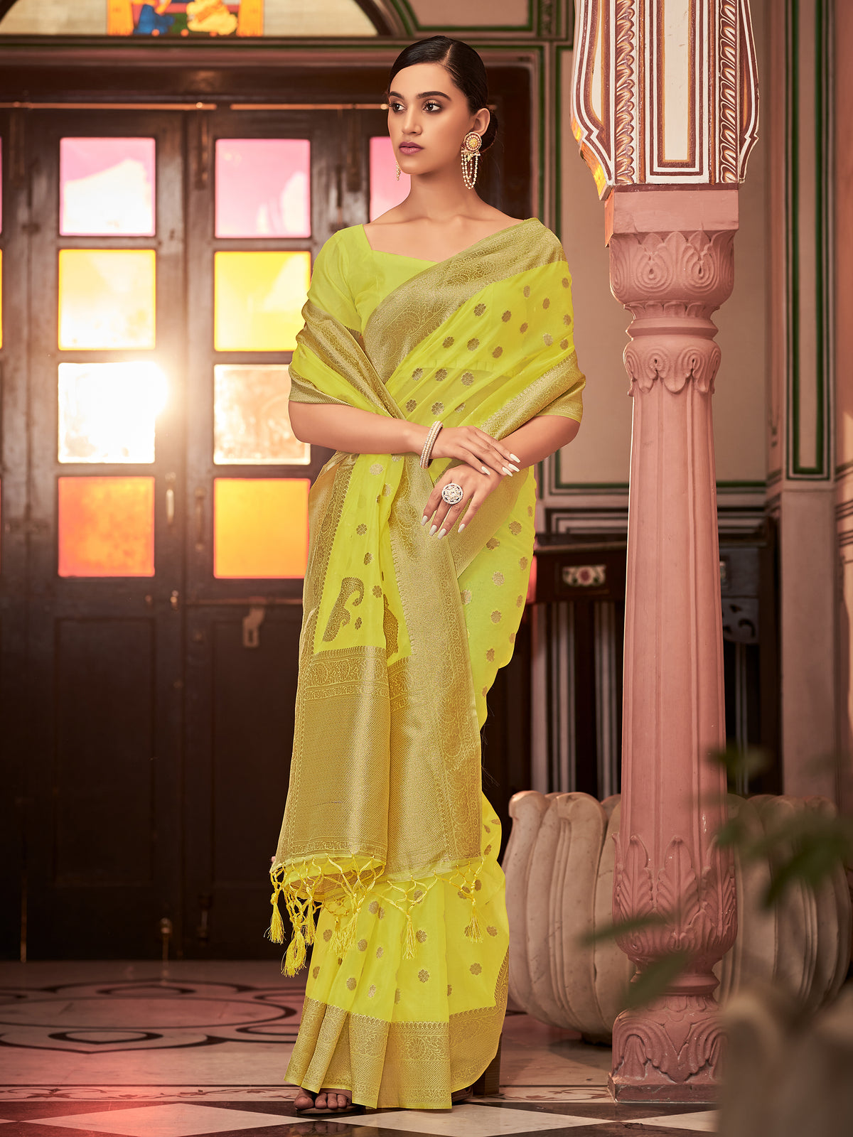 Lime Green Organza Silk Woven Saree