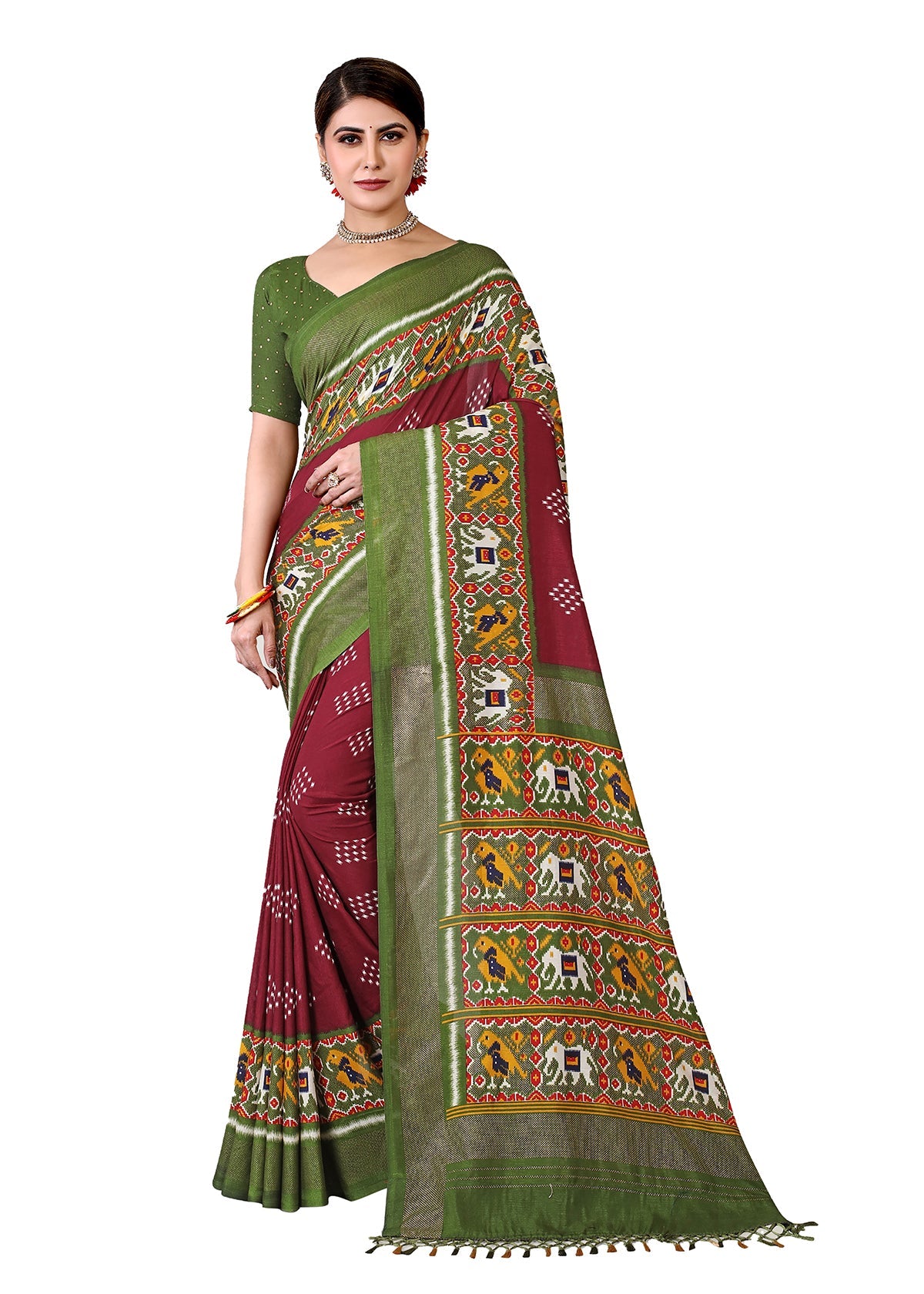 Maroon Silk Cotton Foil Printed Saree