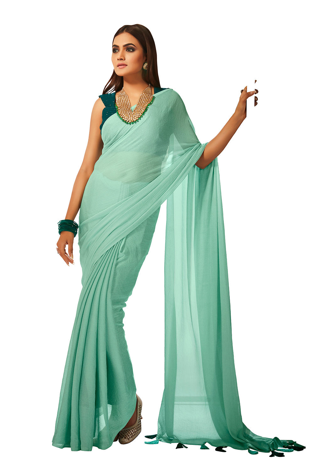 Turquoise Green Georgette Solid Saree