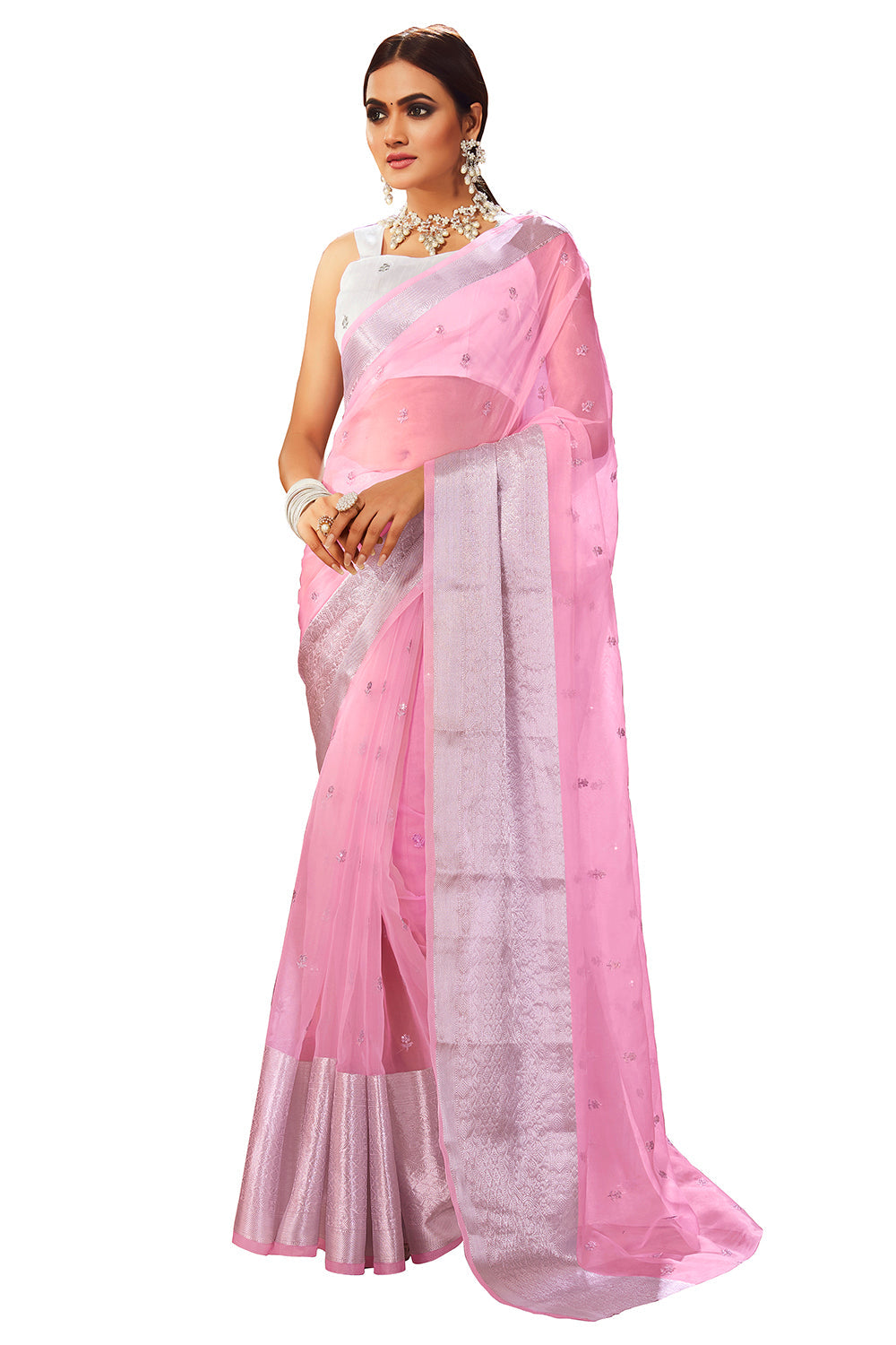 Pink Oraganza Embroidery Saree