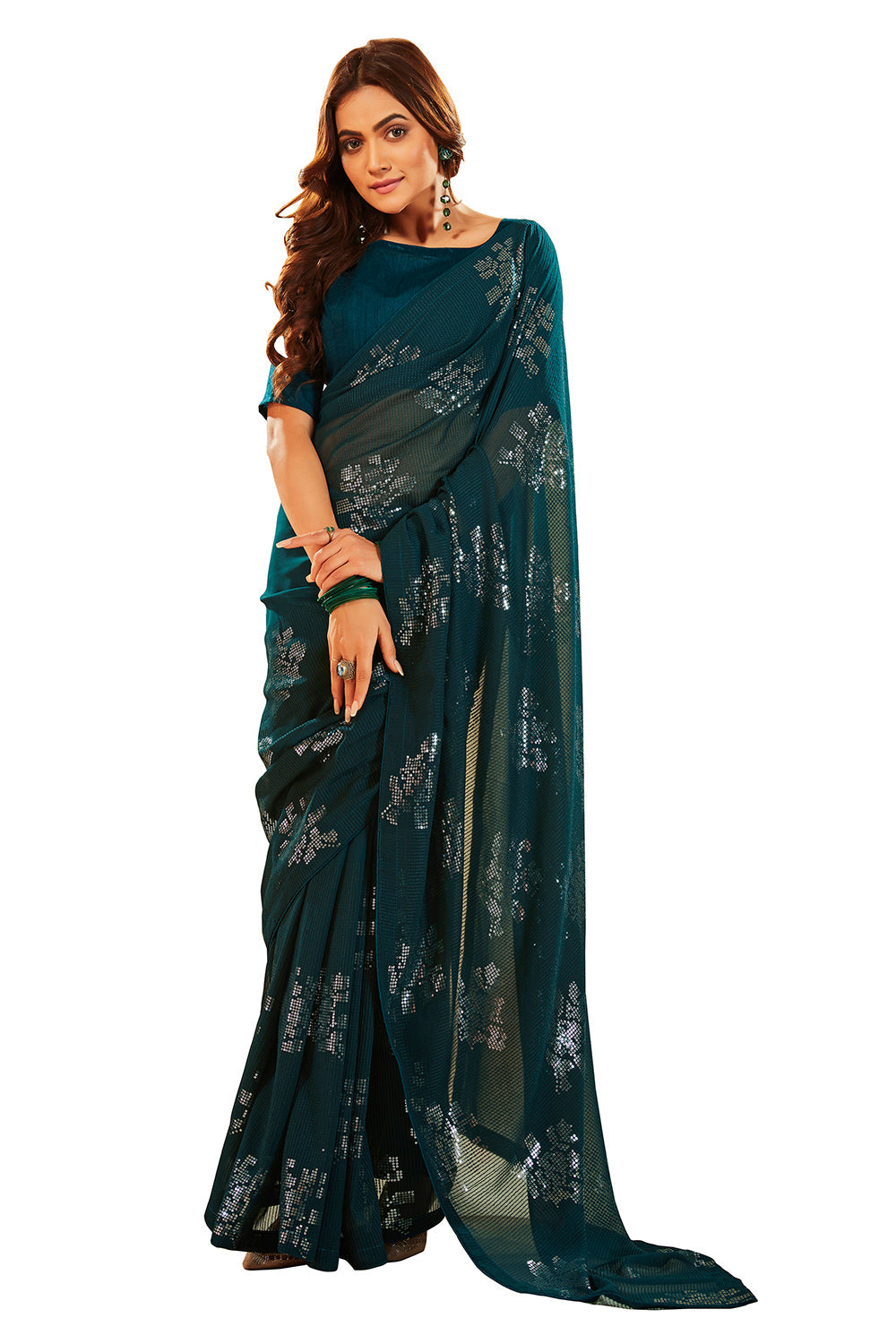 Teal Georgette Sequins Embroidery Saree