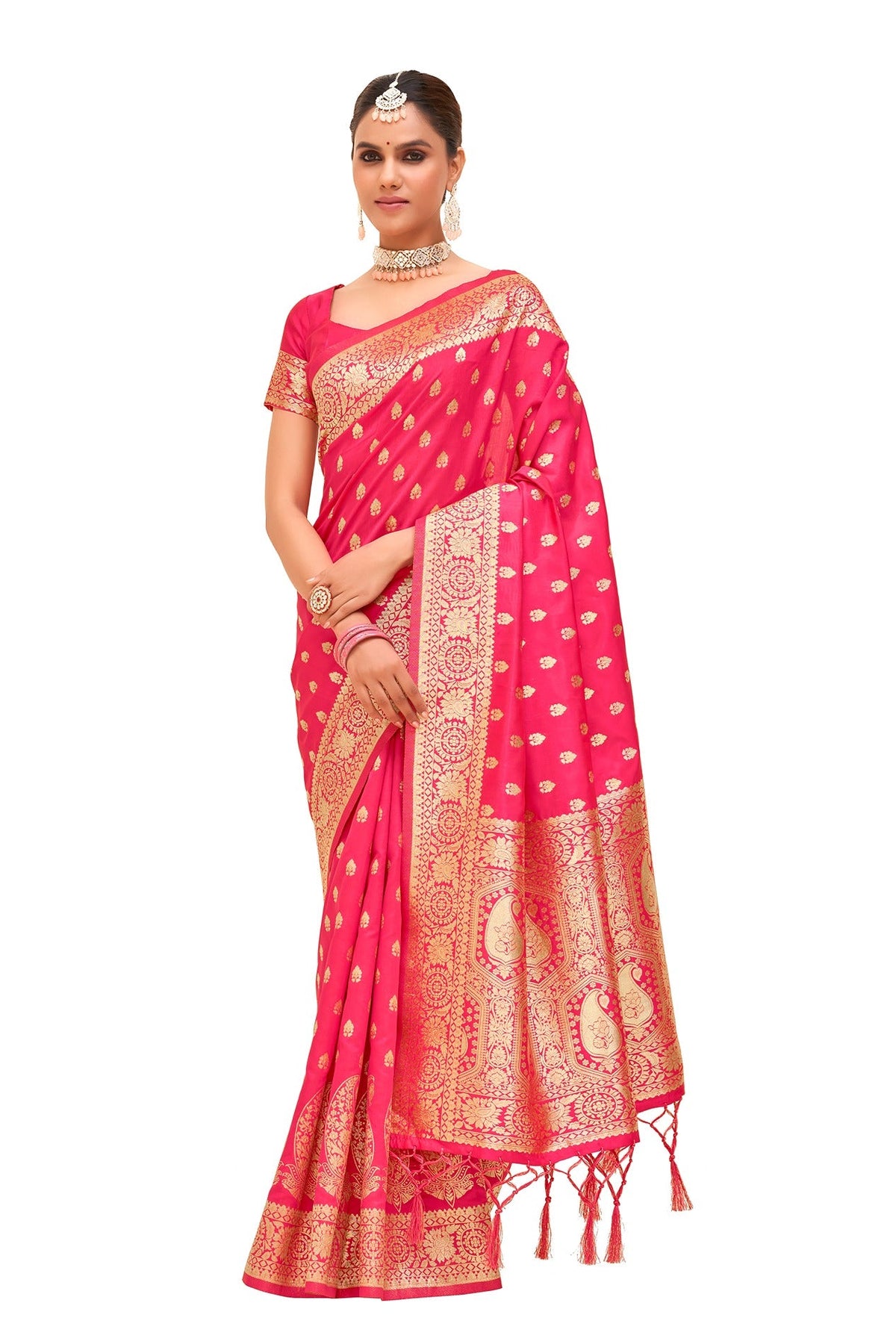 Pinkish Red Banarasi Art Silk Woven Saree