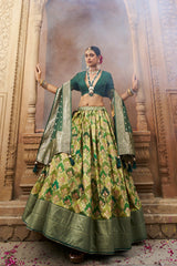 Olive Green Readymade Indian Cotton Silk Lehenga Choli Set for Women With Designer Blouse and Dupatta For Wedding